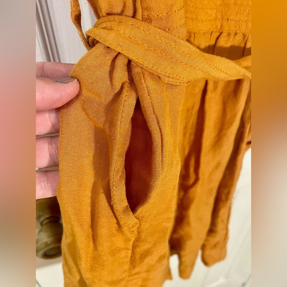 Anthropologie Maeve Luana Romper Size 2 Yellow Orange Tie Belt Boho Linen Blend - Picture 7 of 13